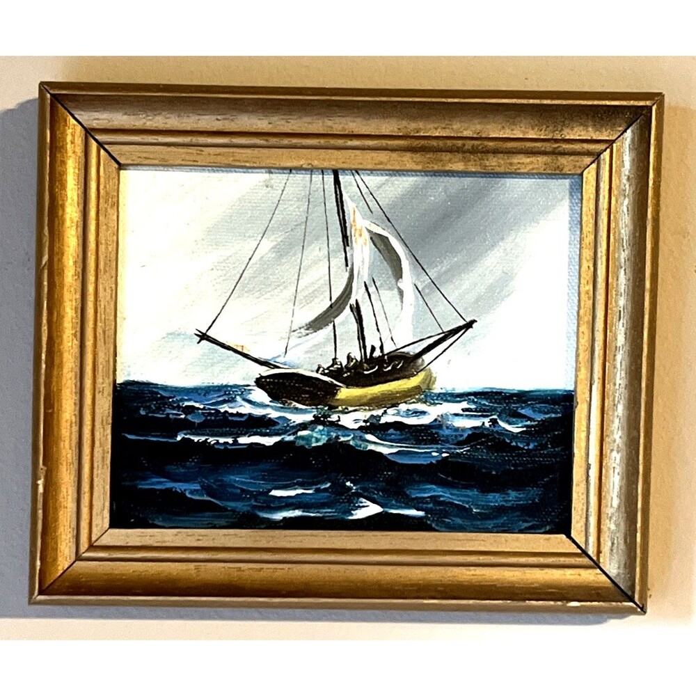 Vtg Boston Souvenir Hand Painted Oil on Canvas Sailboat Maritime Seascape 7x5.5"